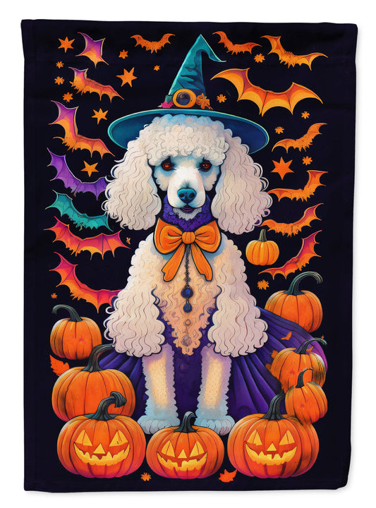 White Standard Poodle Witchy Halloween Garden Flag – Witch Dog with Pumpkins, Bats & Jack-o'-Lanterns