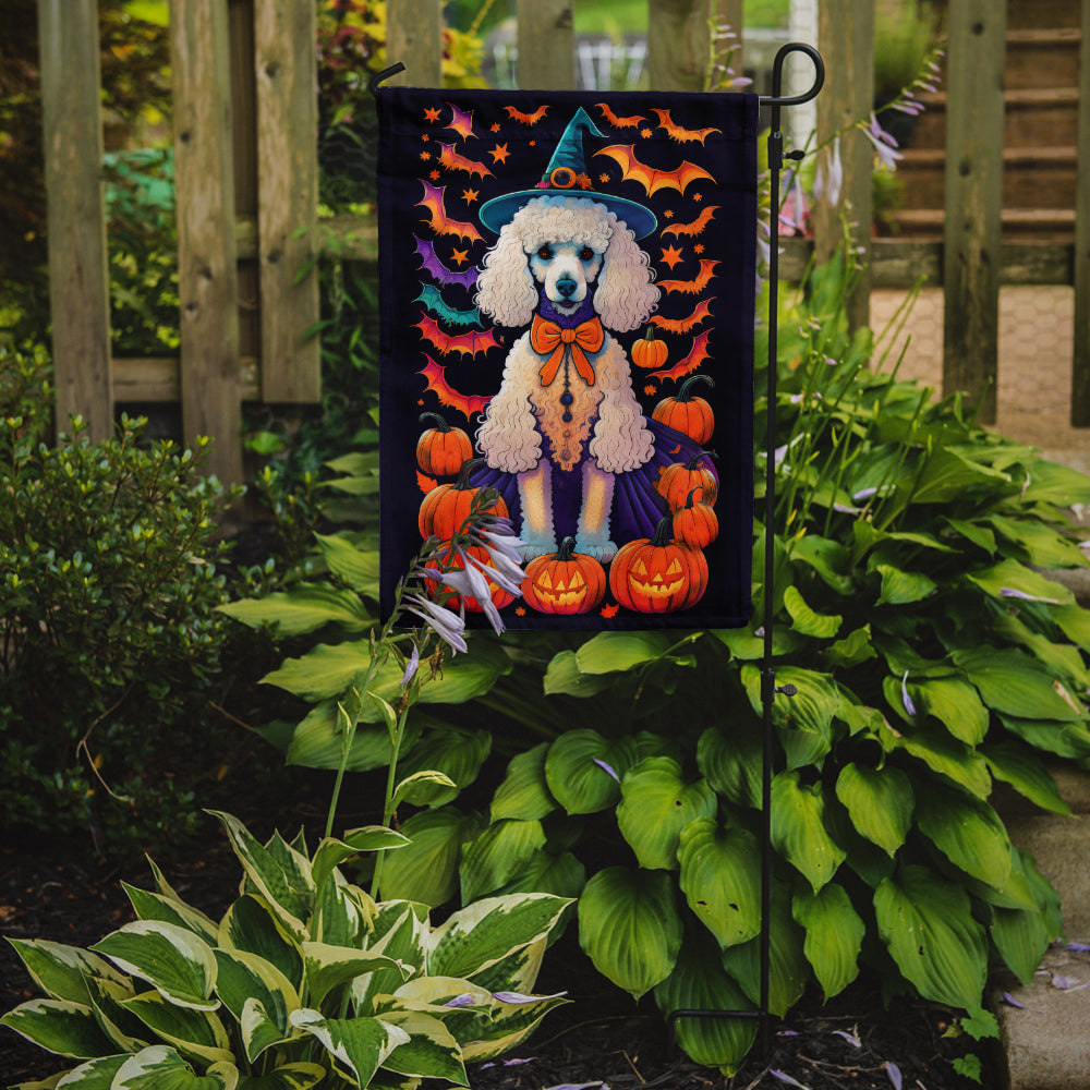 White Standard Poodle Witchy Halloween Garden Flag – Witch Dog with Pumpkins, Bats & Jack-o'-Lanterns