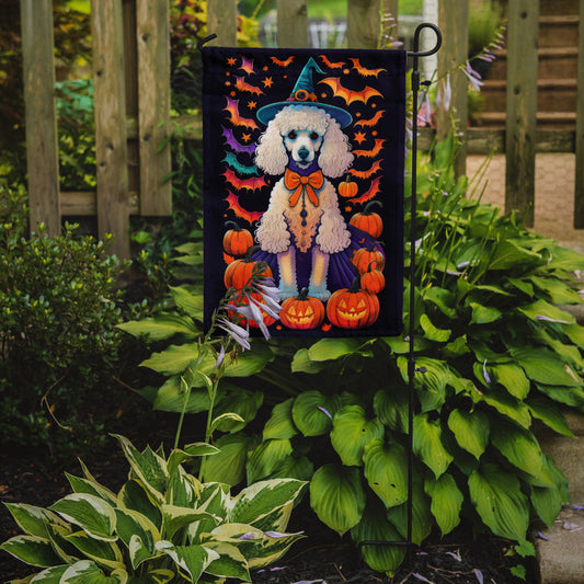 White Standard Poodle Witchy Halloween Garden Flag – Witch Dog with Pumpkins, Bats & Jack-o'-Lanterns