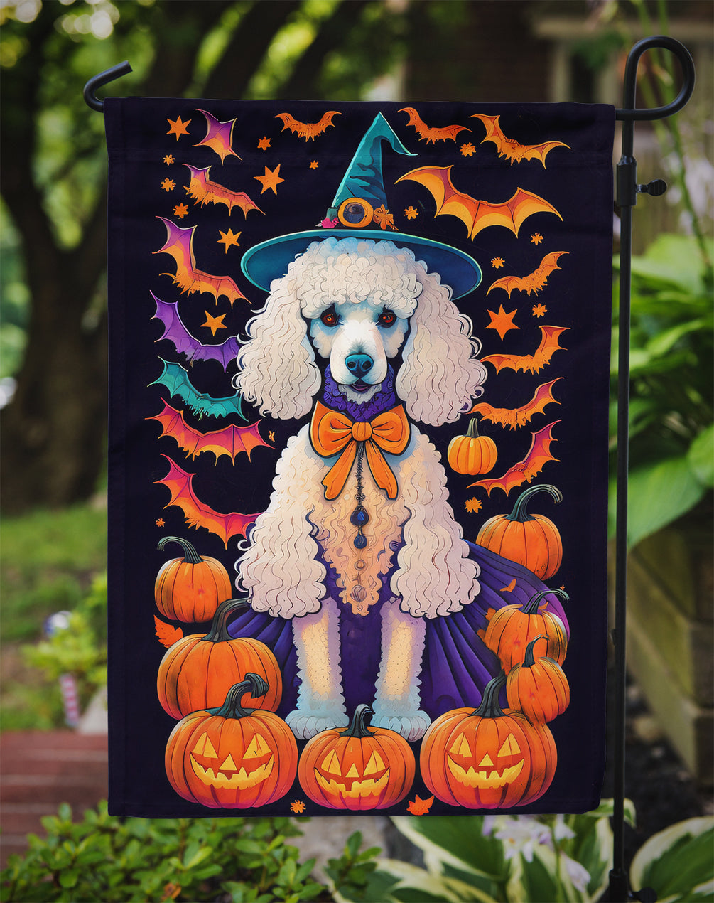 White Standard Poodle Witchy Halloween Garden Flag – Witch Dog with Pumpkins, Bats & Jack-o'-Lanterns