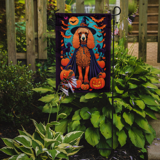 Apricot Standard Poodle Witchy Halloween Garden Flag – Witch Dog with Pumpkins, Bats & Jack-o'-Lanterns