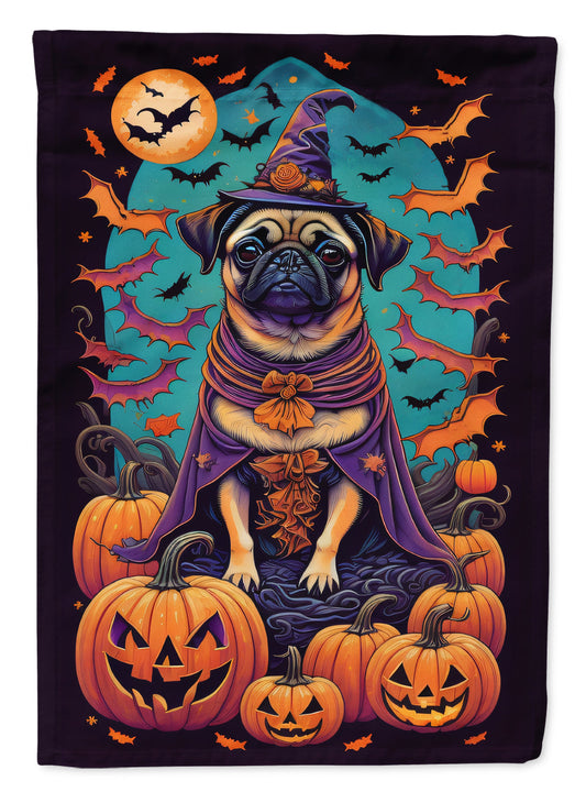 Pug Witchy Halloween Garden Flag – Witch Dog with Pumpkins, Bats & Jack-o'-Lanterns