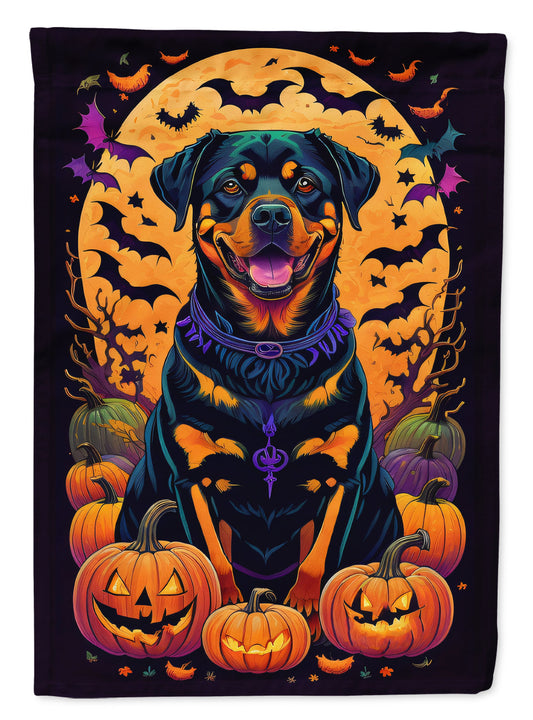 Rottweiler Witchy Halloween Garden Flag – Witch Dog with Pumpkins, Bats & Jack-o'-Lanterns