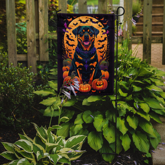 Rottweiler Witchy Halloween Garden Flag – Witch Dog with Pumpkins, Bats & Jack-o'-Lanterns