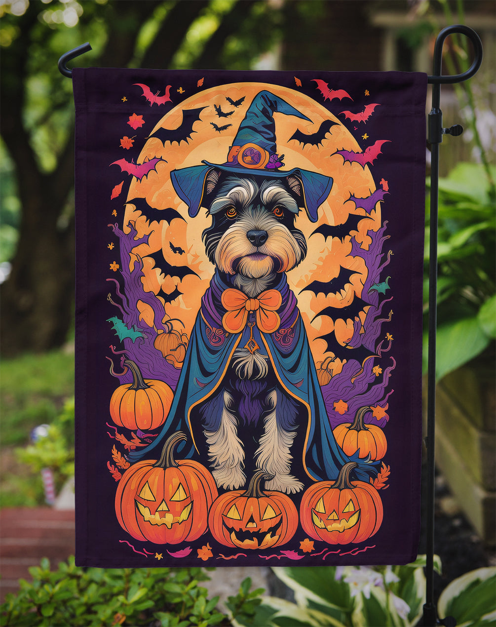Schnauzer Witchy Halloween Garden Flag – Witch Dog with Pumpkins, Bats & Jack-o'-Lanterns