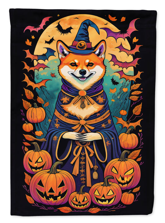 Shiba Inu Witchy Halloween Garden Flag – Witch Dog with Pumpkins, Bats & Jack-o'-Lanterns