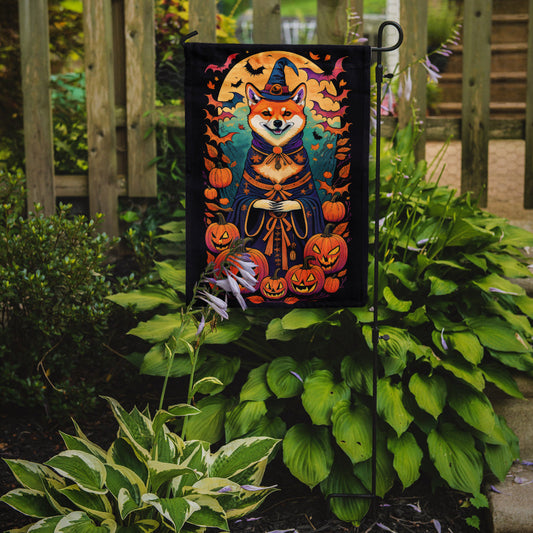 Shiba Inu Witchy Halloween Garden Flag – Witch Dog with Pumpkins, Bats & Jack-o'-Lanterns