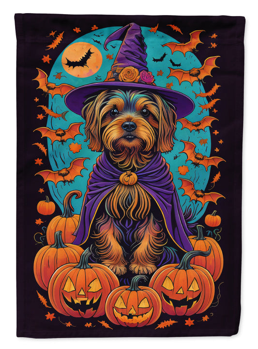 Silky Terrier Witchy Halloween Garden Flag – Witch Dog with Pumpkins, Bats & Jack-o'-Lanterns