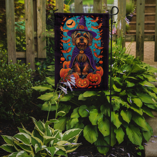 Silky Terrier Witchy Halloween Garden Flag – Witch Dog with Pumpkins, Bats & Jack-o'-Lanterns