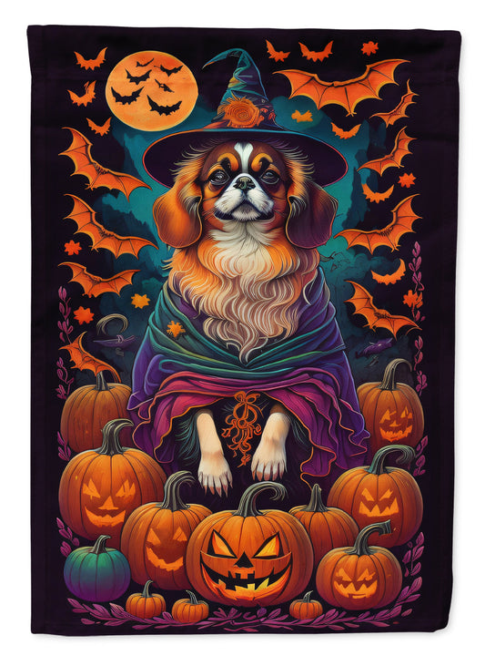 Tibetan Spaniel Witchy Halloween Garden Flag – Witch Dog with Pumpkins, Bats & Jack-o'-Lanterns