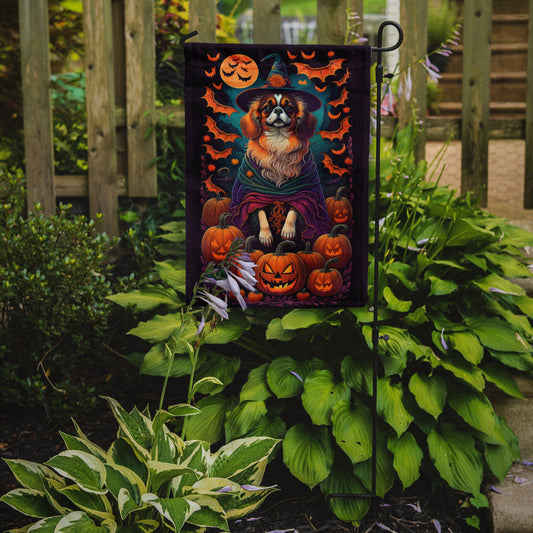 Tibetan Spaniel Witchy Halloween Garden Flag – Witch Dog with Pumpkins, Bats & Jack-o'-Lanterns