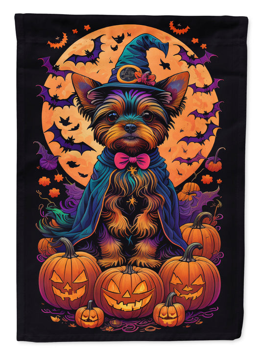 Yorkie Witchy Halloween Garden Flag – Witch Dog with Pumpkins, Bats & Jack-o'-Lanterns