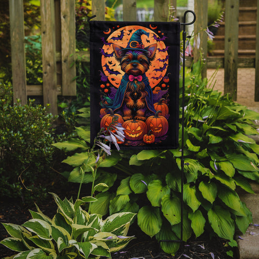 Yorkie Witchy Halloween Garden Flag – Witch Dog with Pumpkins, Bats & Jack-o'-Lanterns
