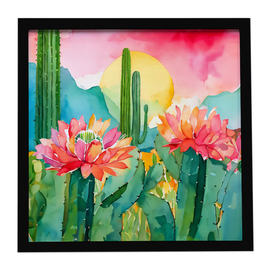Arizona Saguaro Cactus Blossom in Watercolor Framed Metal Print