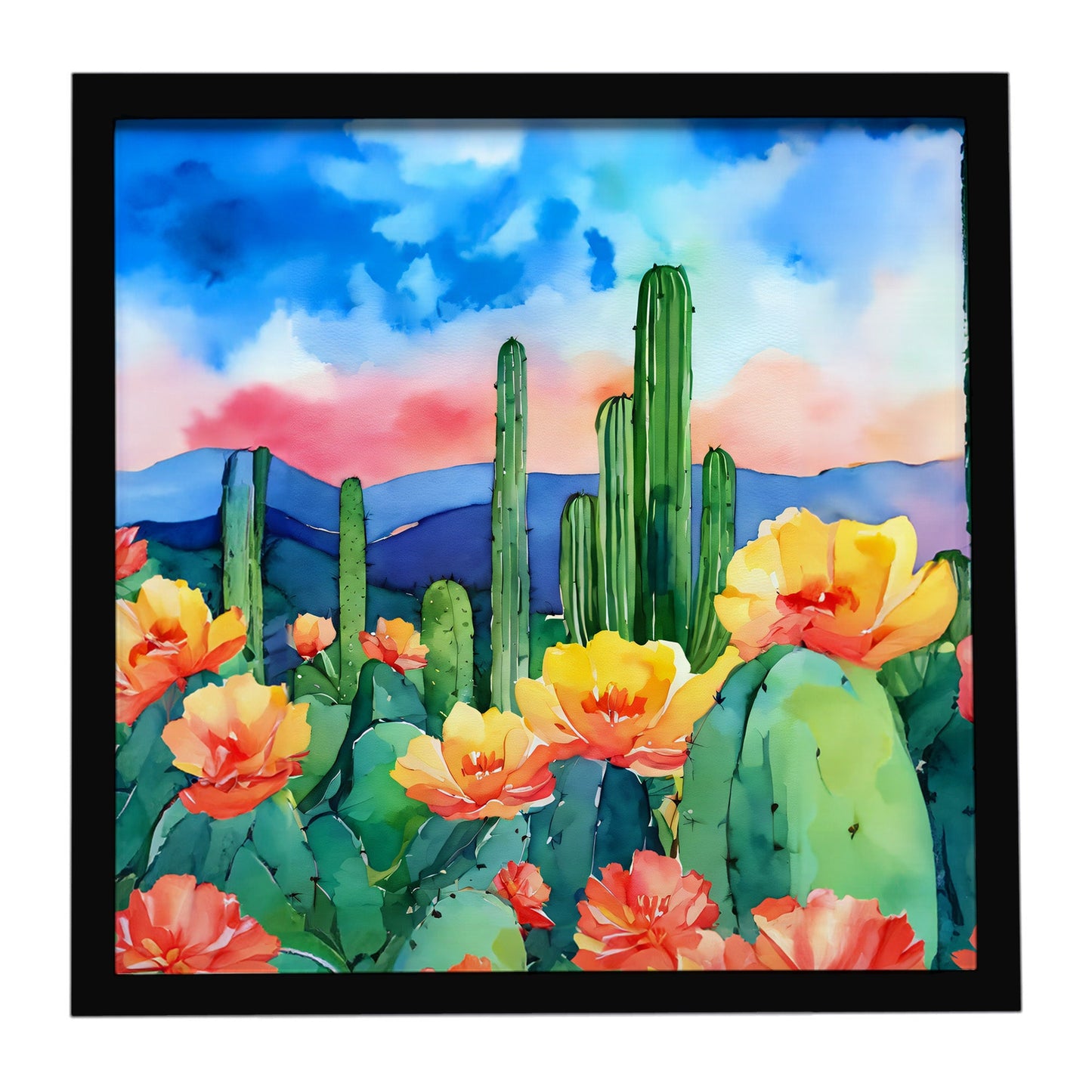 Arizona Saguaro Cactus Blossom in Watercolor Framed Metal Print