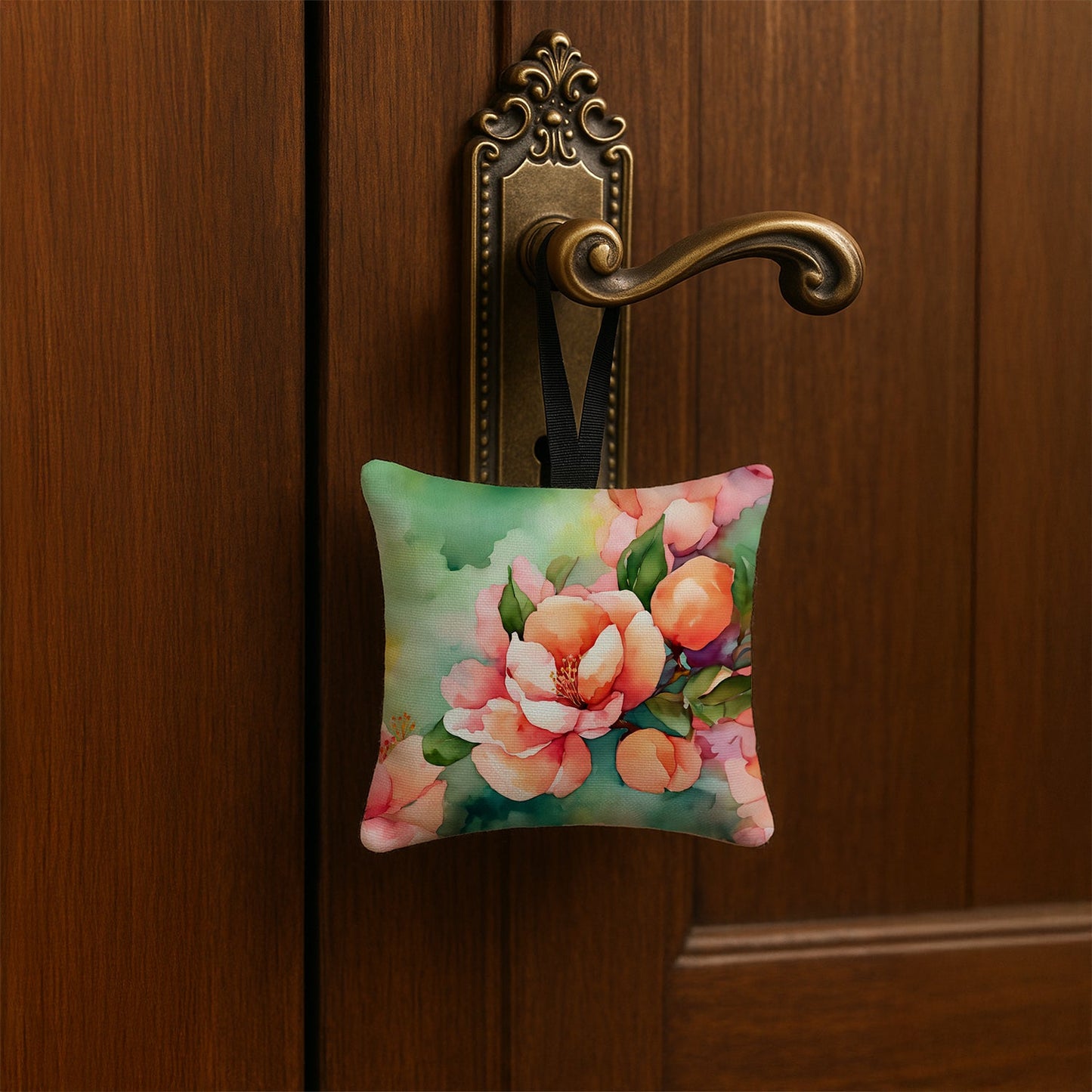 Delaware Peach Blossom in Watercolor Hanging Square Fabric Ornament 3.5 × 3.5