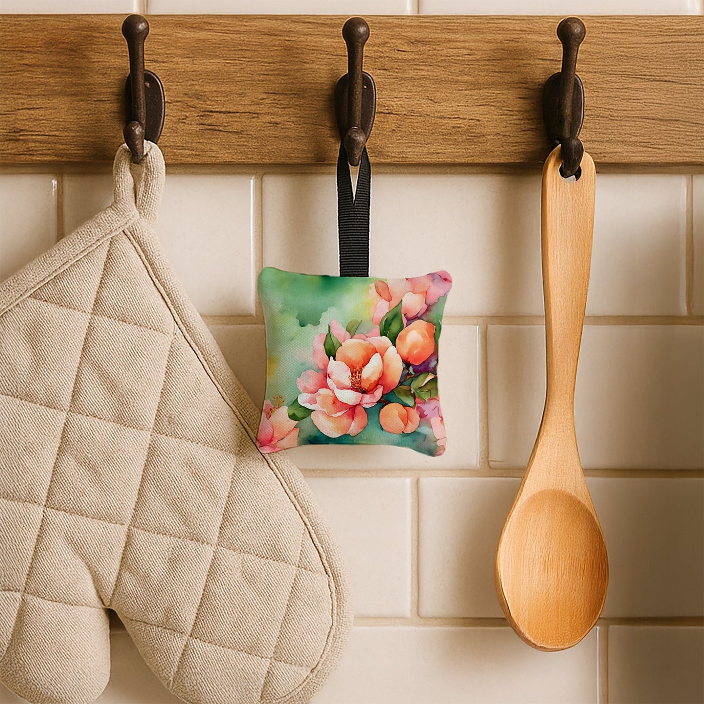 Delaware Peach Blossom in Watercolor Hanging Square Fabric Ornament 3.5 × 3.5