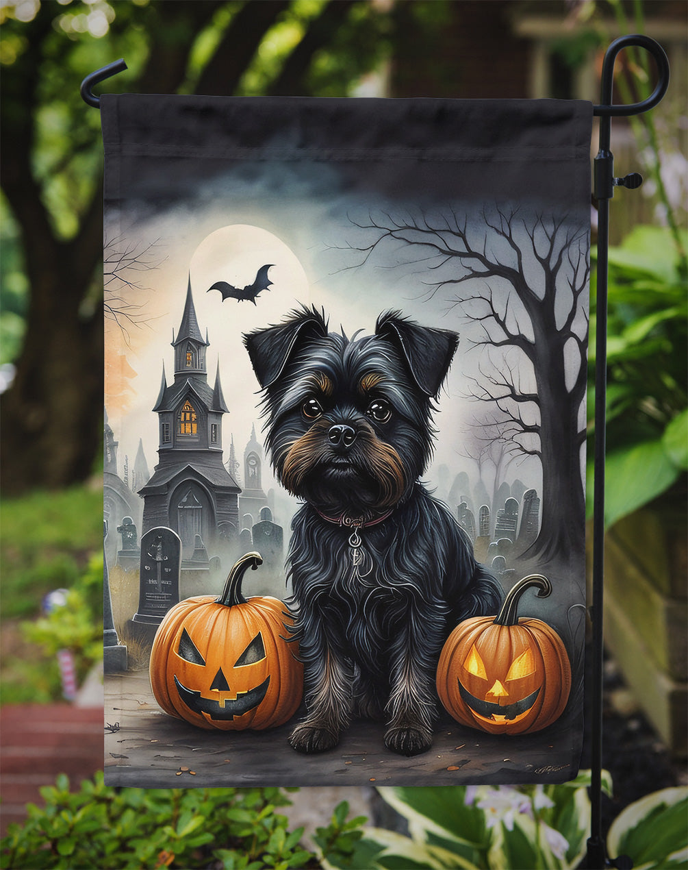 Affenpinscher Spooky Halloween Garden Flag – Dog in Cemetery Scene