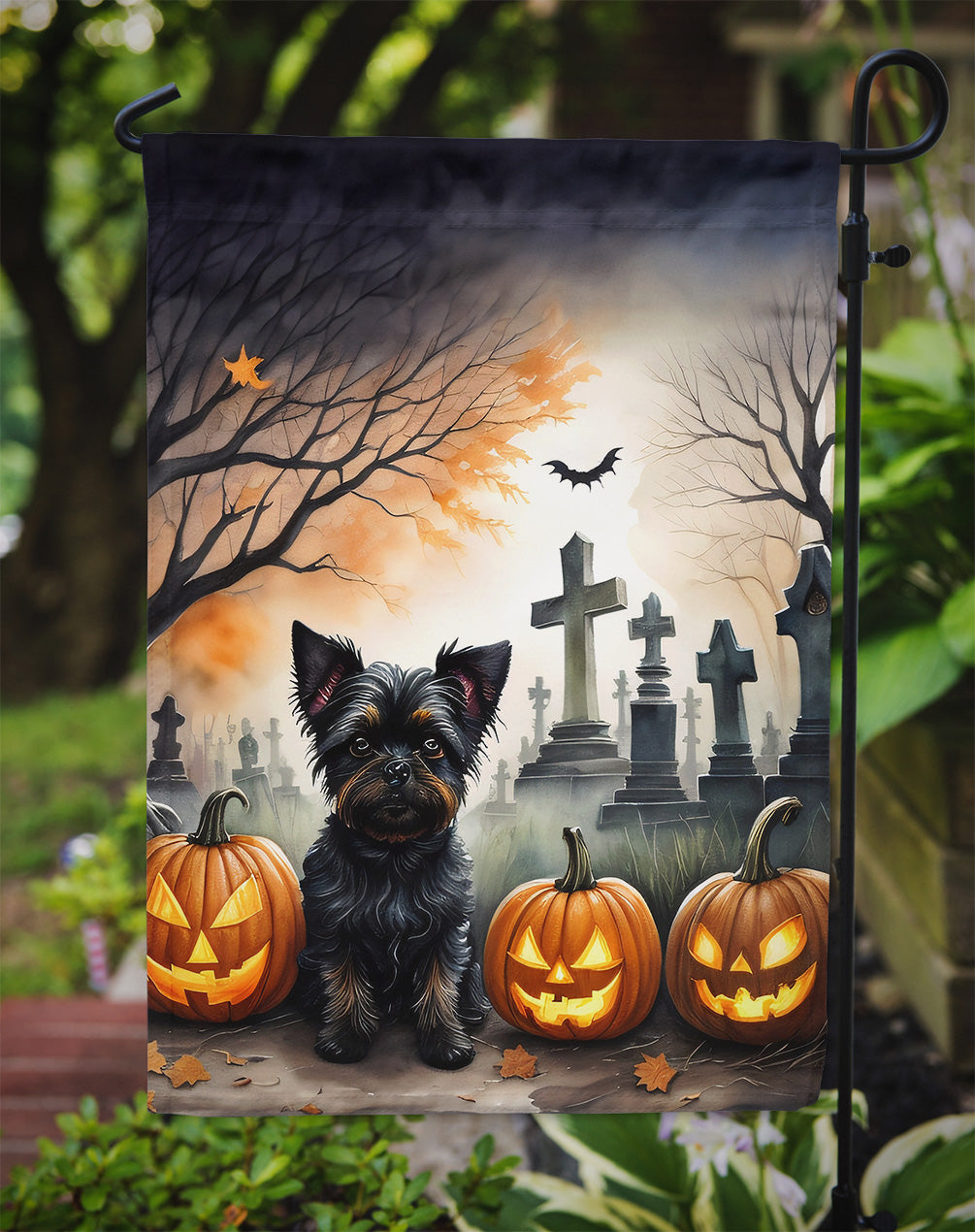 Affenpinscher Spooky Halloween Garden Flag – Dog in Cemetery Scene