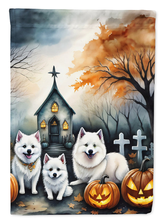 American Eskimo Spooky Halloween Garden Flag – Dog in Cemetery Scene