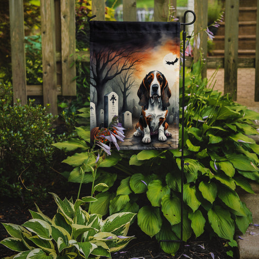 Basset Hound Spooky Halloween Garden Flag – Dog in Cemetery Scene