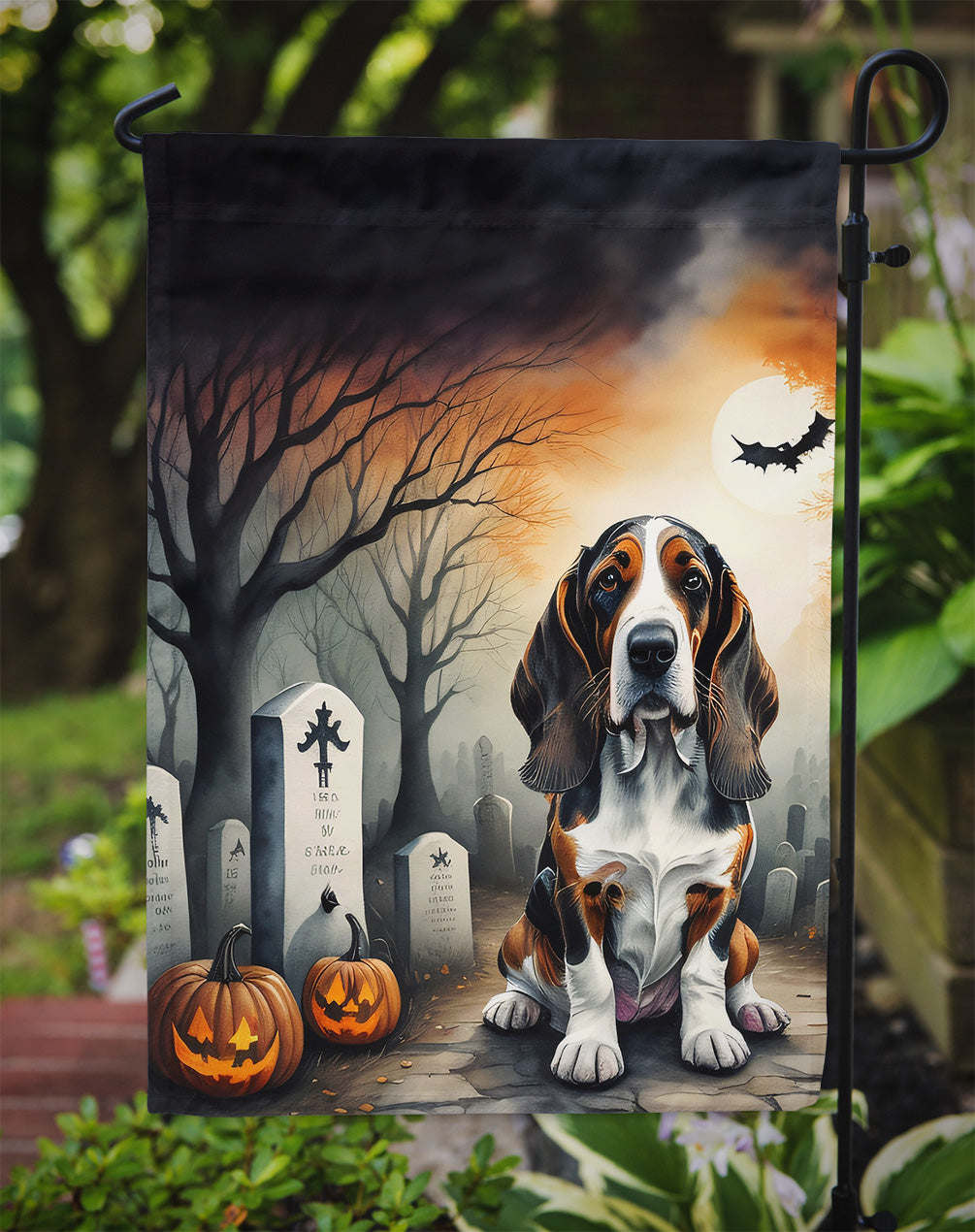 Basset Hound Spooky Halloween Garden Flag – Dog in Cemetery Scene