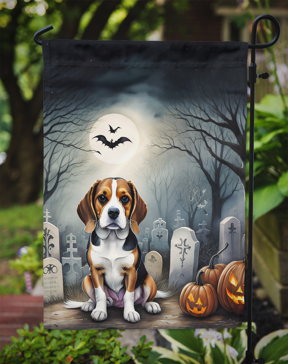 Beagle Spooky Halloween Garden Flag – Dog in Cemetery Scene