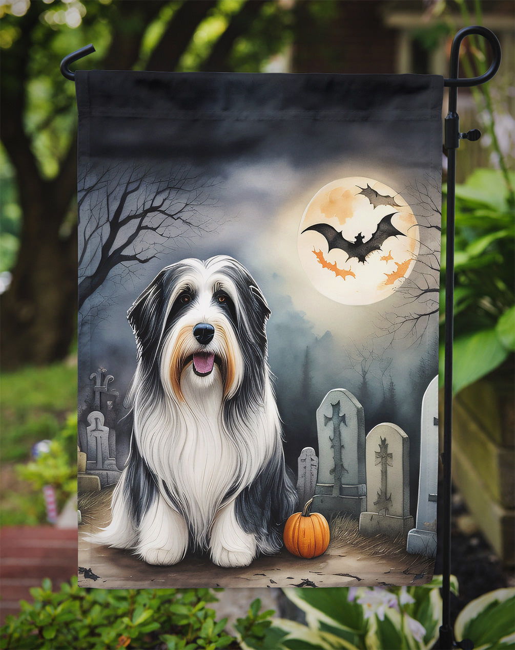 Bearded Collie Spooky Halloween Garden Flag – Dog in Cemetery Scene