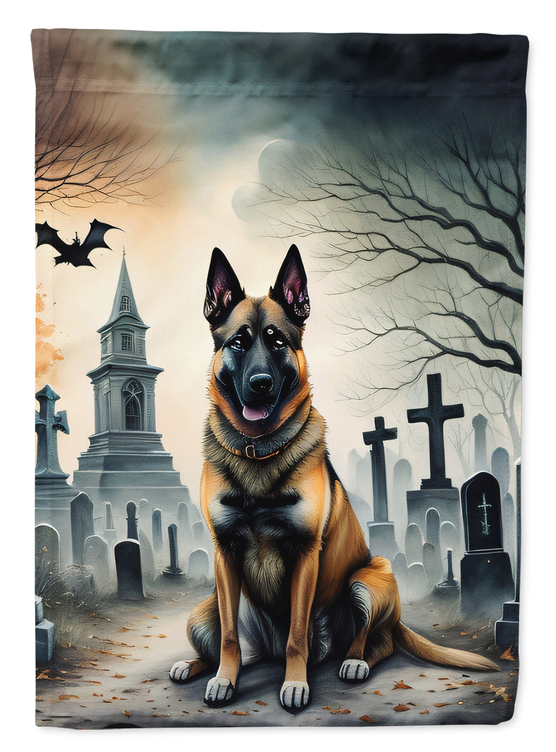 Belgian Malinois Spooky Halloween Garden Flag – Dog in Cemetery Scene