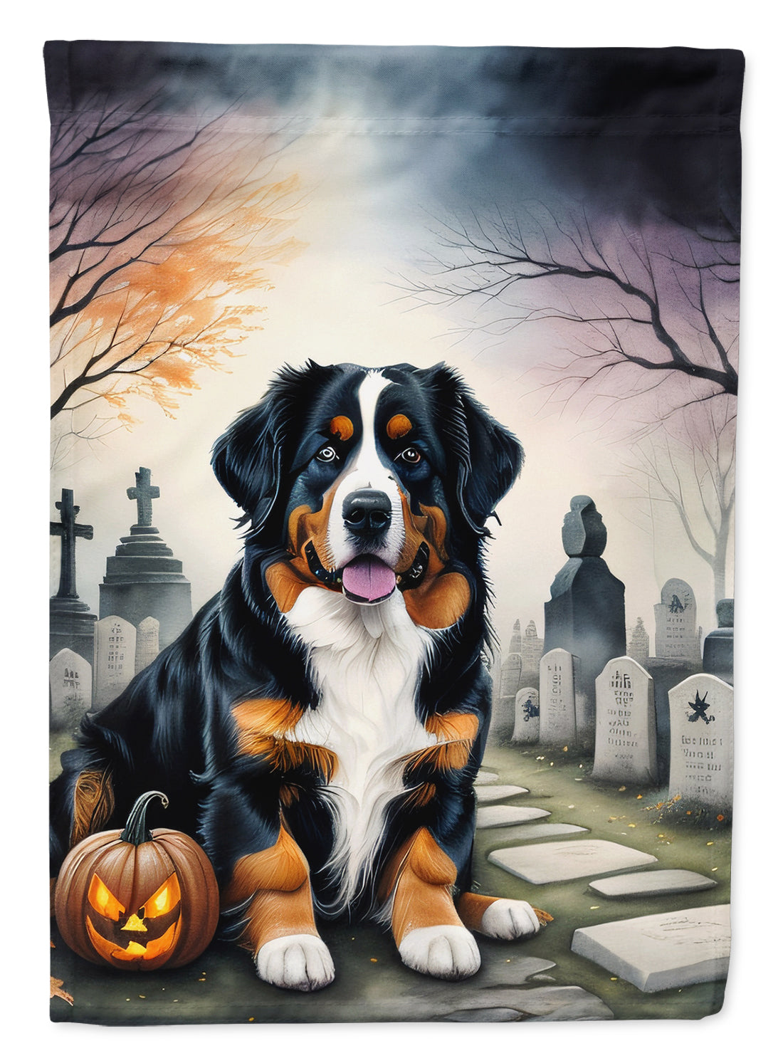 Bernese Mountain Dog Spooky Halloween Garden Flag – Dog in Cemetery Scene
