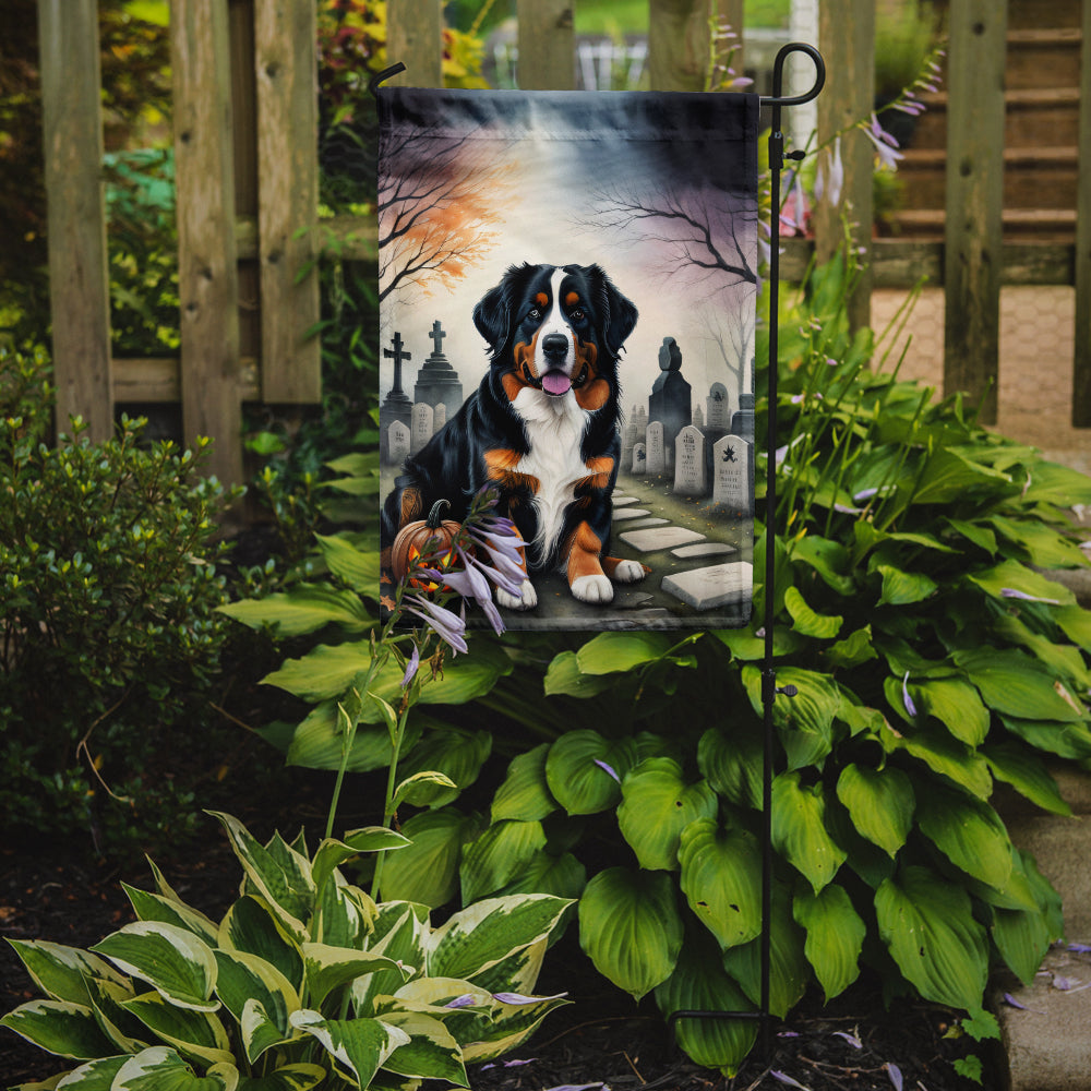 Bernese Mountain Dog Spooky Halloween Garden Flag – Dog in Cemetery Scene