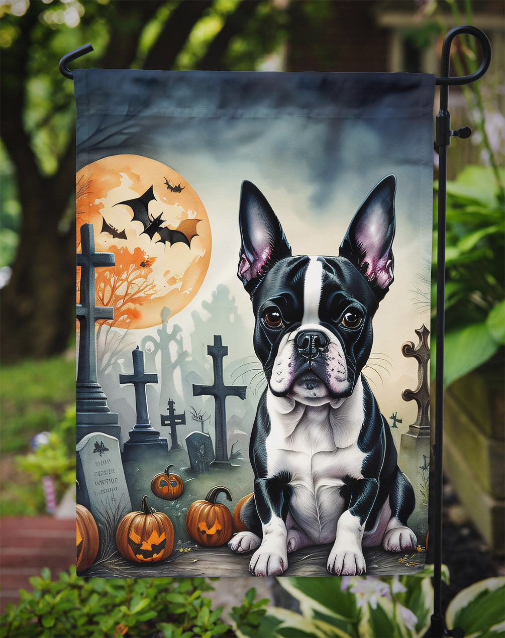 Boston Terrier Spooky Halloween Garden Flag – Dog in Cemetery Scene