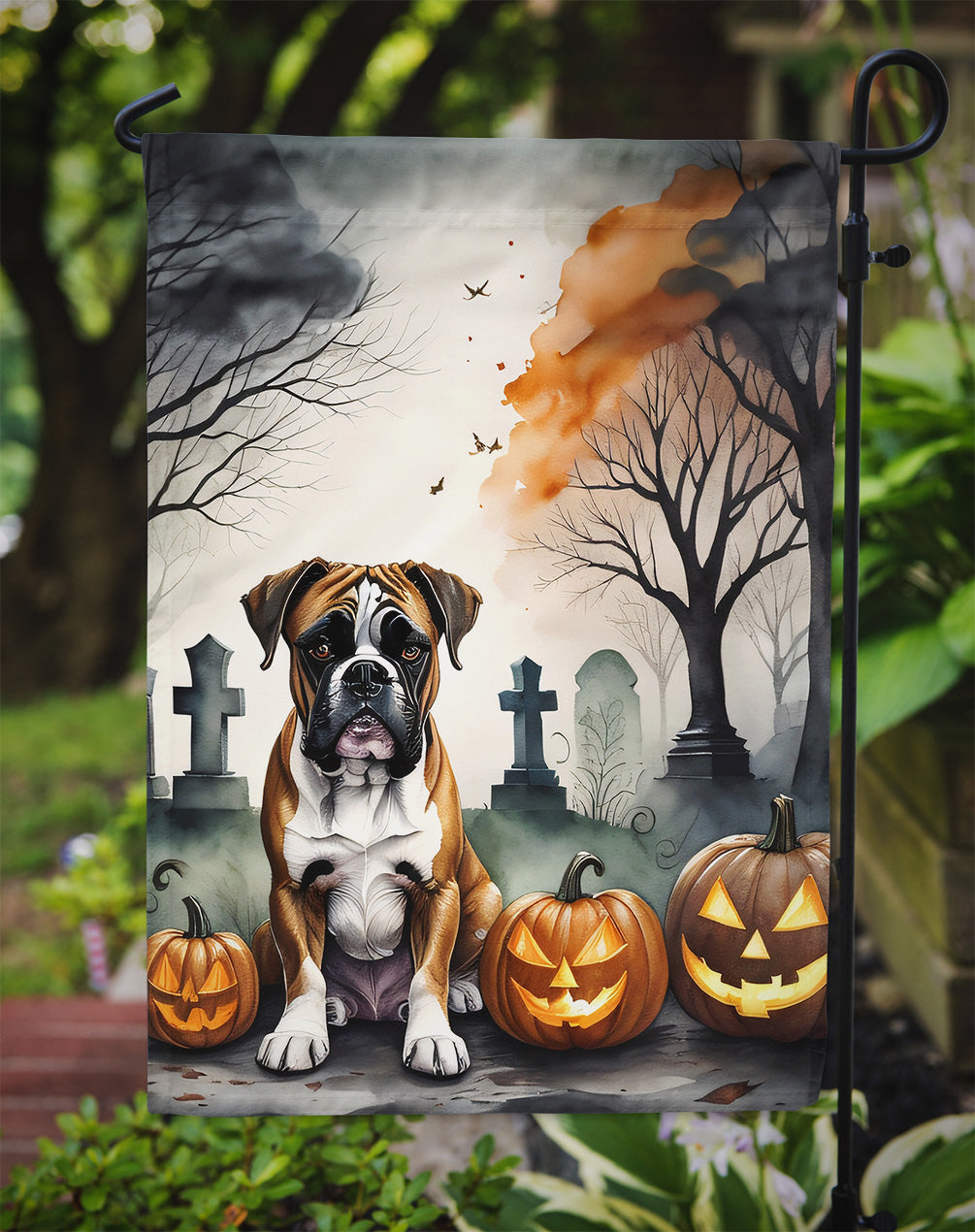 Boxer Spooky Halloween Garden Flag – Dog in Cemetery Scene