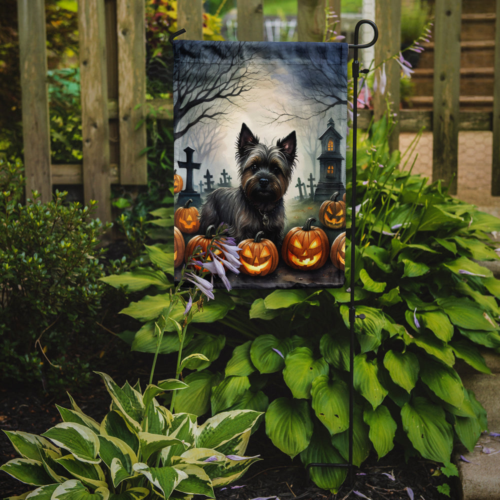 Cairn Terrier Spooky Halloween Garden Flag – Dog in Cemetery Scene