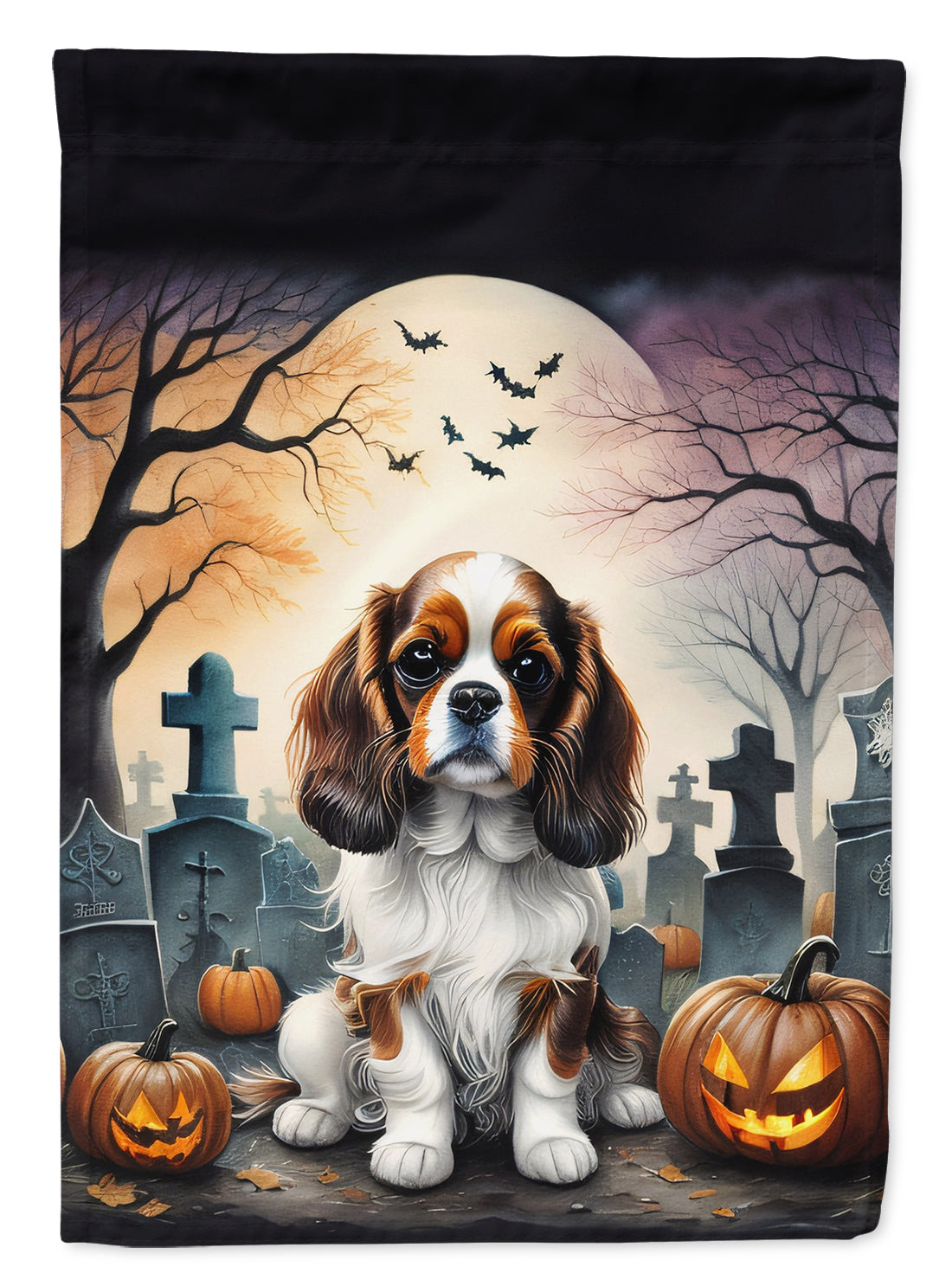Cavalier Spaniel Spooky Halloween Garden Flag – Dog in Cemetery Scene