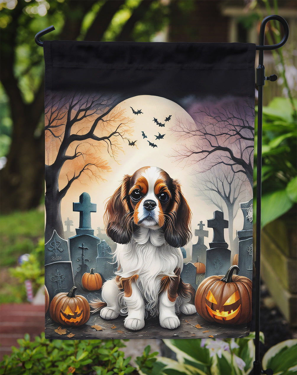 Cavalier Spaniel Spooky Halloween Garden Flag – Dog in Cemetery Scene
