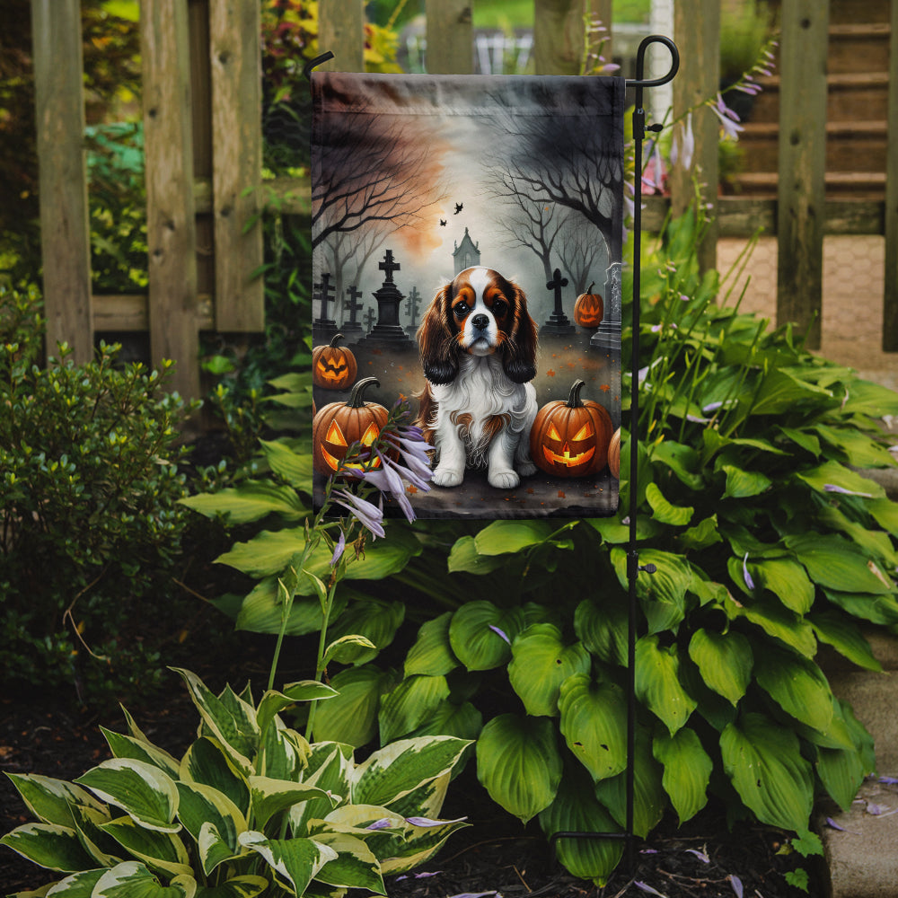 Cavalier Spaniel Spooky Halloween Garden Flag – Dog in Cemetery Scene
