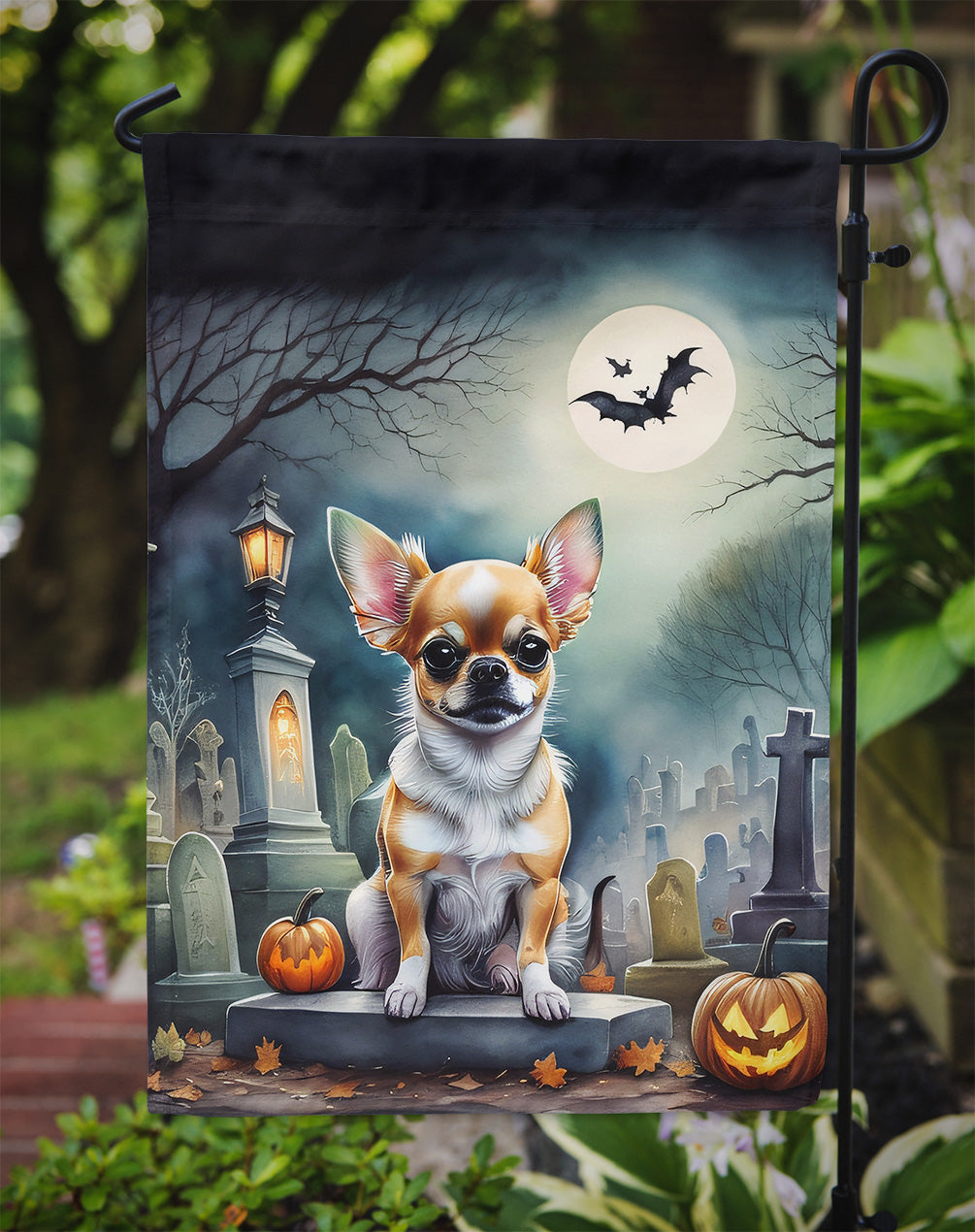 Chihuahua Spooky Halloween Garden Flag – Dog in Cemetery Scene