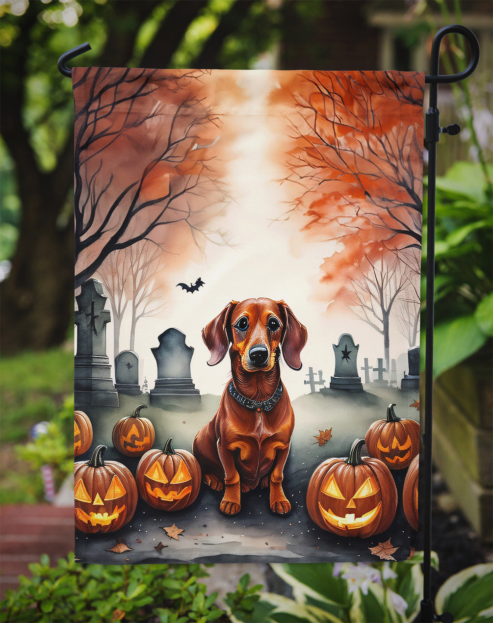 Dachshund Spooky Halloween Garden Flag – Dog in Cemetery Scene