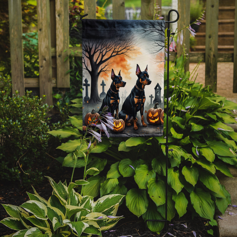 Doberman Pinscher Spooky Halloween Garden Flag – Dog in Cemetery Scene