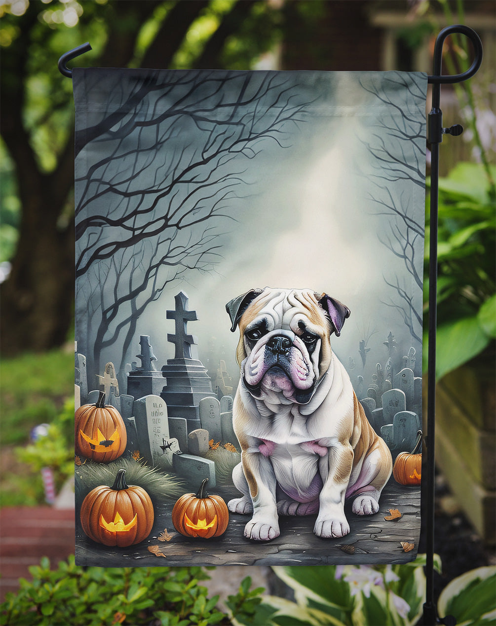 English Bulldog Spooky Halloween Garden Flag – Dog in Cemetery Scene