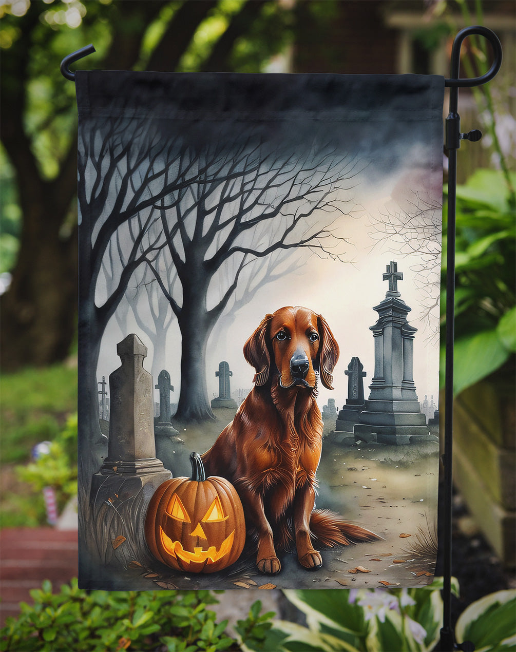 Irish Setter Spooky Halloween Garden Flag – Dog in Cemetery Scene