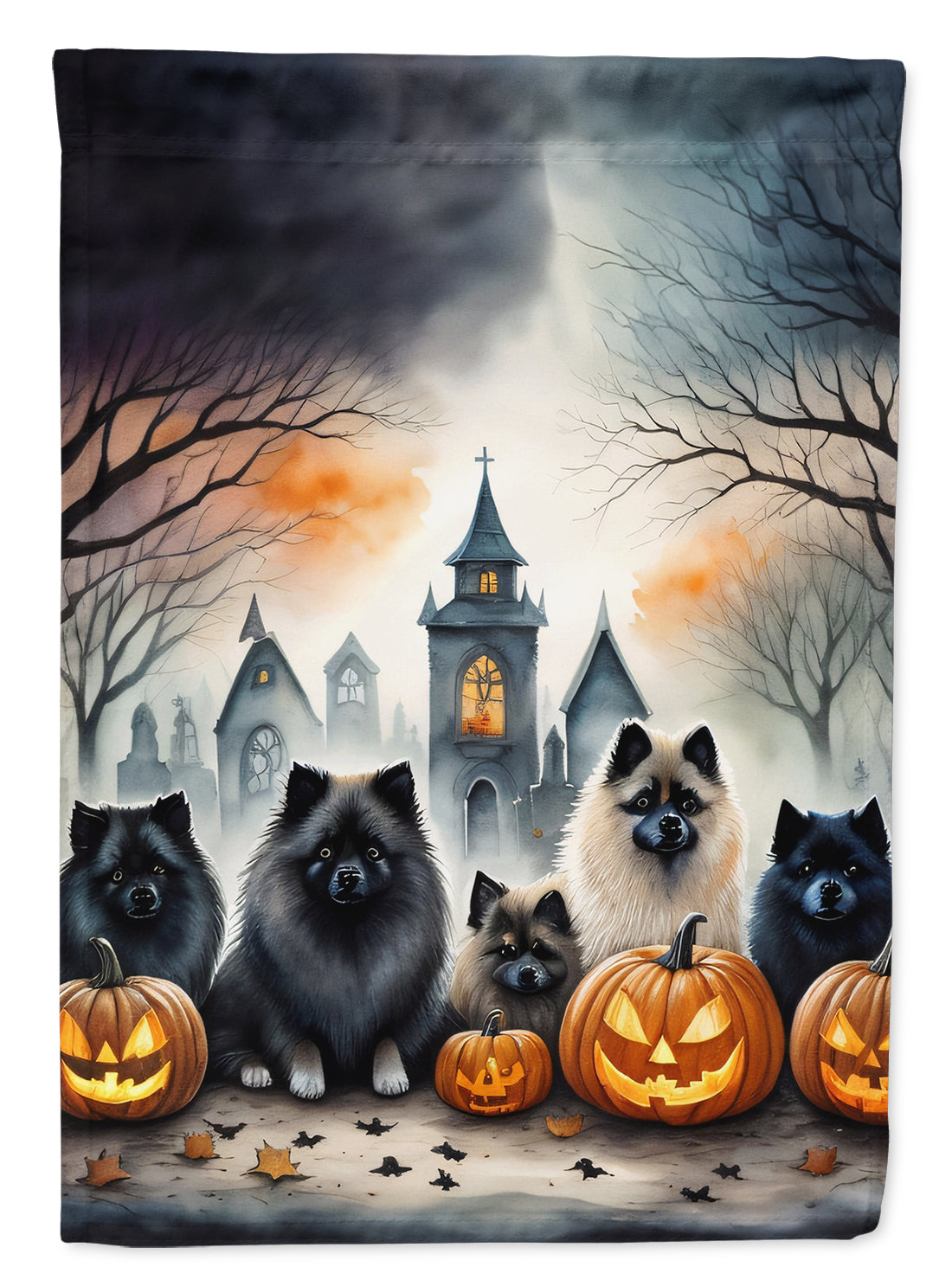 Keeshond Spooky Halloween Garden Flag – Dog in Cemetery Scene