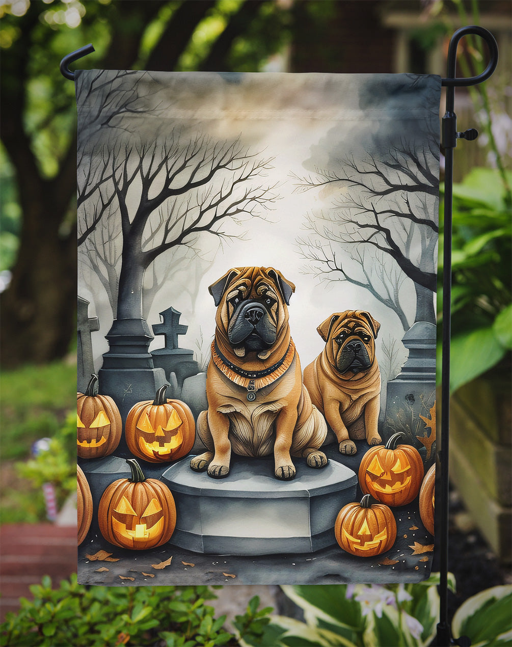 Shar Pei Spooky Halloween Garden Flag – Dog in Cemetery Scene