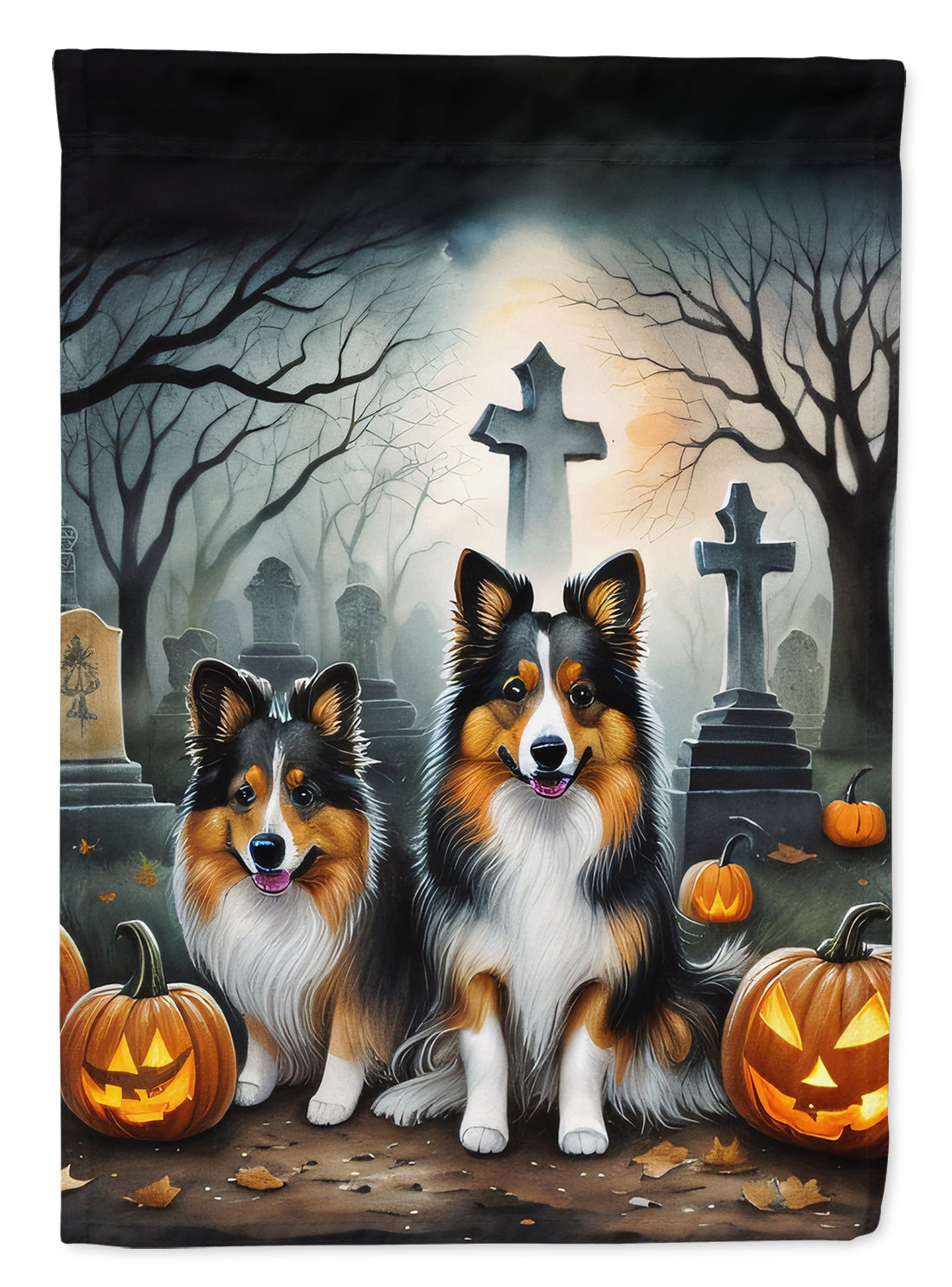 Sheltie Spooky Halloween Garden Flag – Dog in Cemetery Scene