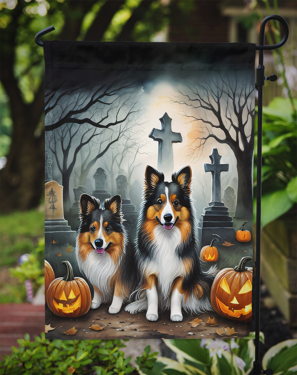Sheltie Spooky Halloween Garden Flag – Dog in Cemetery Scene