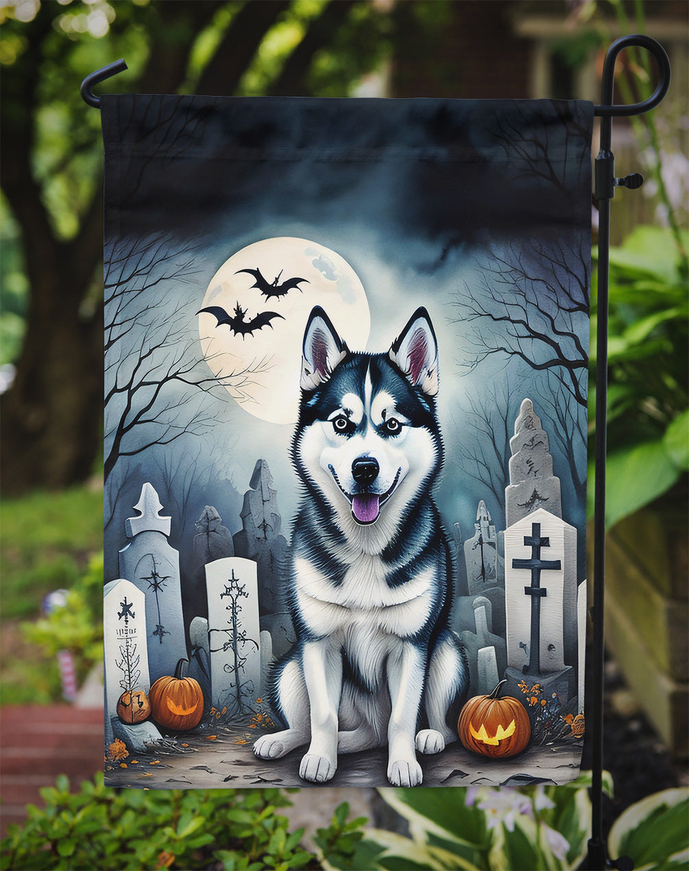 Siberian Husky Spooky Halloween Garden Flag – Dog in Cemetery Scene