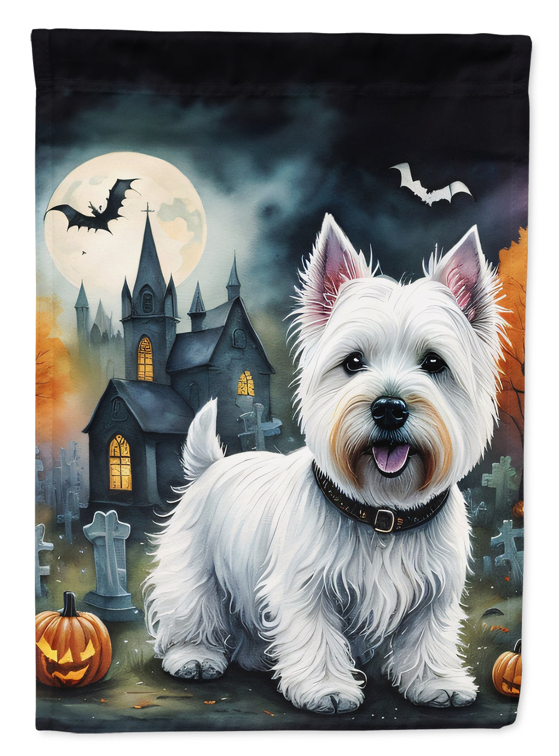 Westie Spooky Halloween Garden Flag – Dog in Cemetery Scene