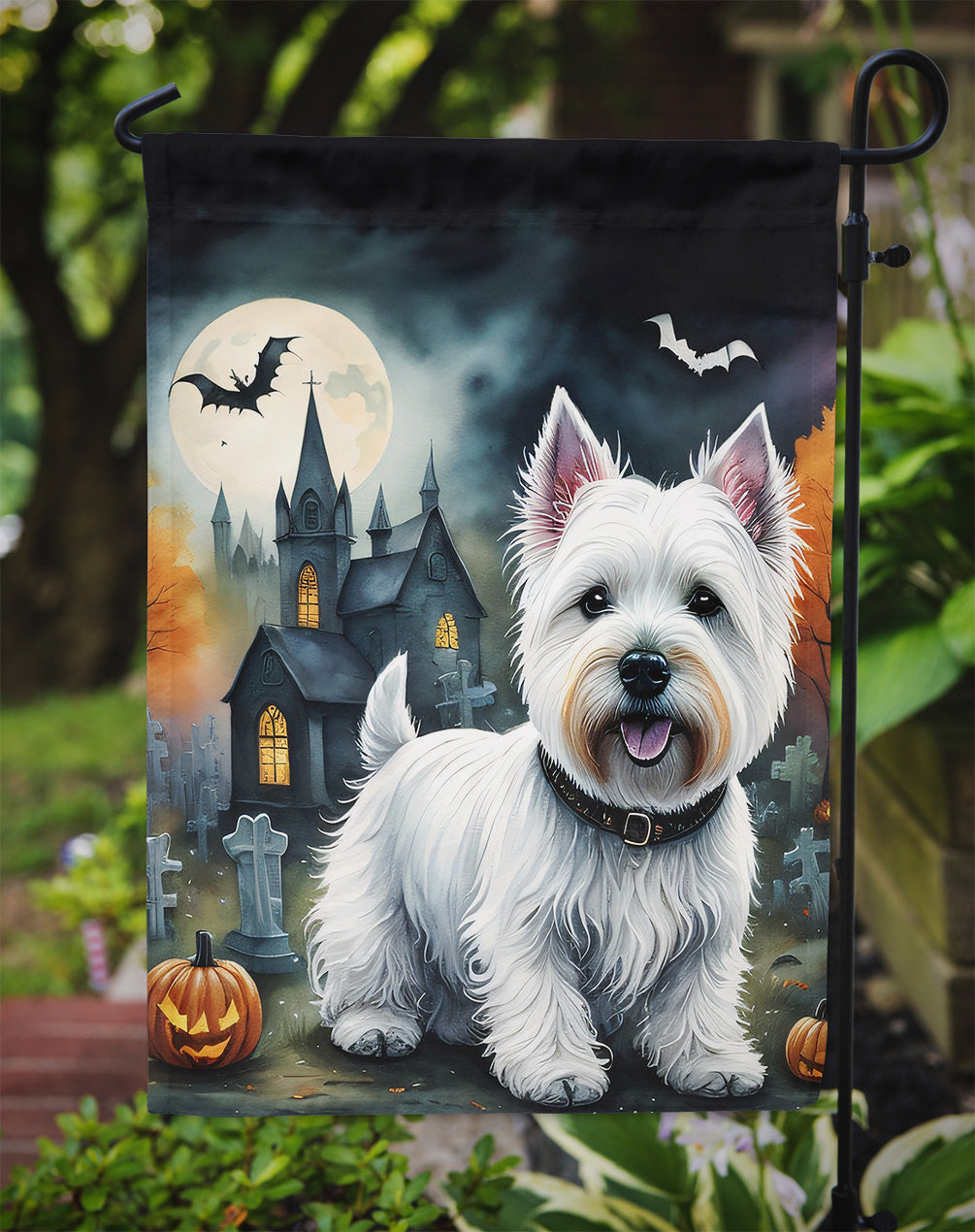Westie Spooky Halloween Garden Flag – Dog in Cemetery Scene