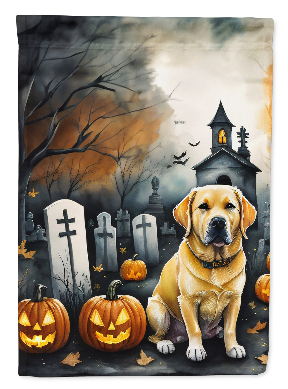 Yellow Labrador Retriever Spooky Halloween Garden Flag – Dog in Cemetery Scene